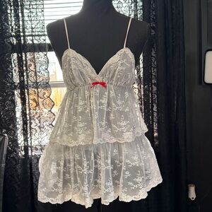 White Lace top with Red Bow